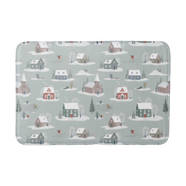 Winter Village Snow Scene Pattern Bath Mat (Front)