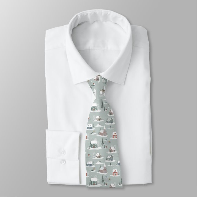 Winter Village Snow Scene Pattern Neck Tie (Tied)