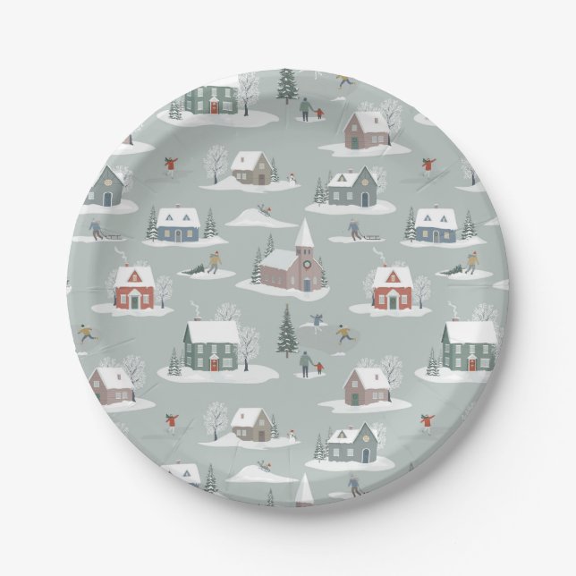 Winter Village Snow Scene Pattern Paper Plates (Front)