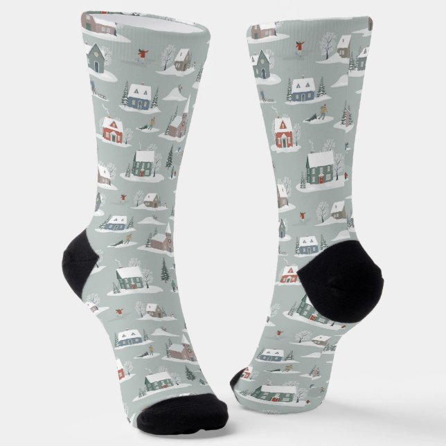 Winter Village Snow Scene Pattern Socks (Angled)