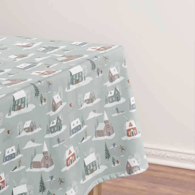 Winter Village Snow Scene Pattern Tablecloth (In Situ)