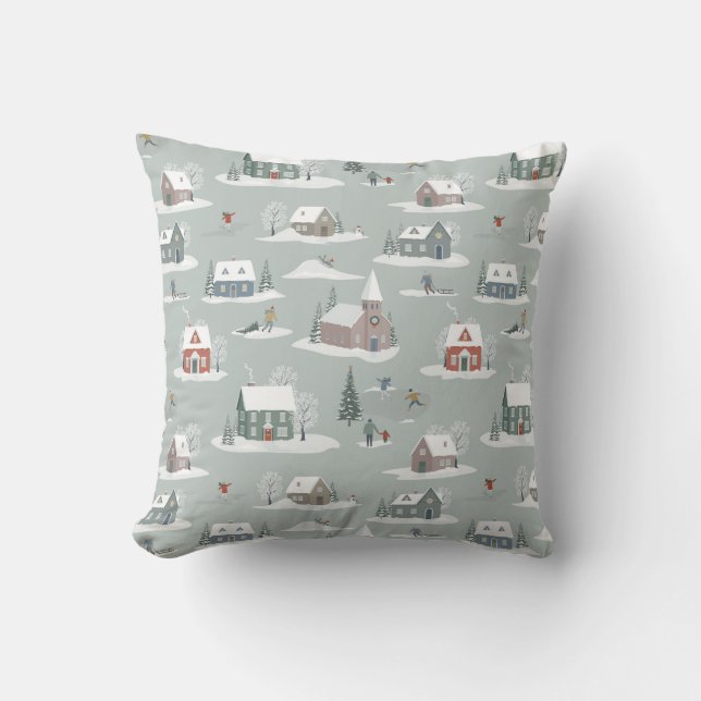 Winter Village Snow Scene Pattern Throw Pillow (Front)