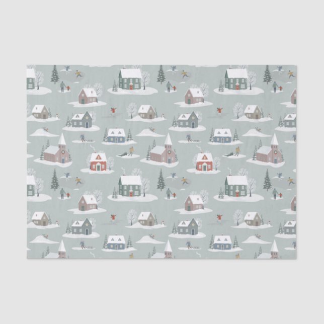 Winter Village Snow Scene Pattern Tissue Paper (Front)