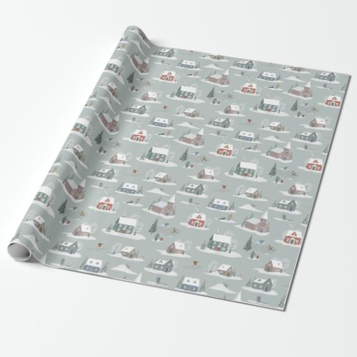 Winter Village Snow Scene Pattern Wrapping Paper