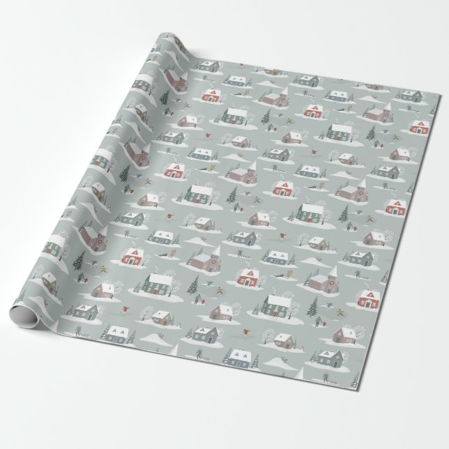 Winter Village Snow Scene Pattern Wrapping Paper (Unrolled)