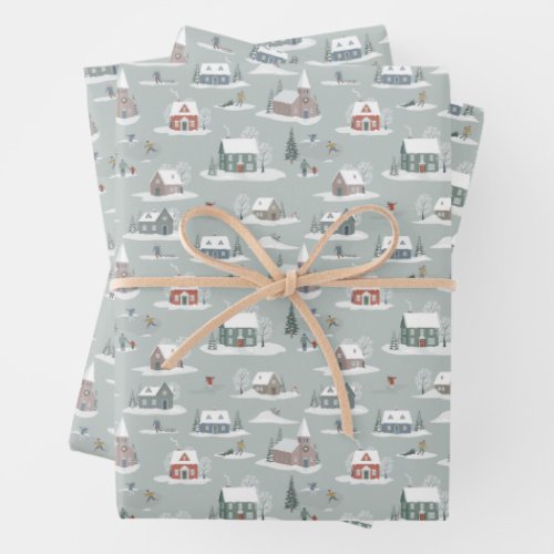 Winter Village Snow Scene Pattern Wrapping Paper Sheets