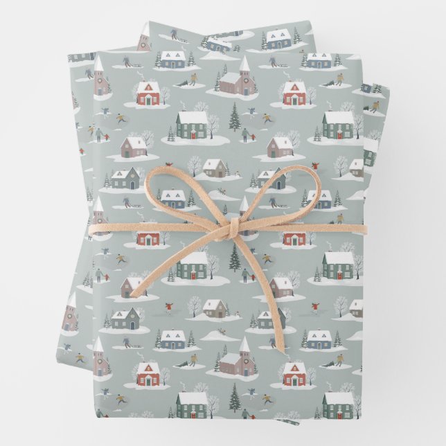 Winter Village Snow Scene Pattern Wrapping Paper Sheets (In situ)