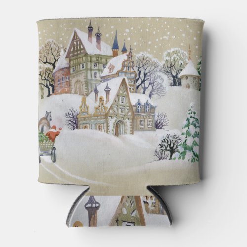 Winter Village Snowy Illustrated Landscape Can Cooler