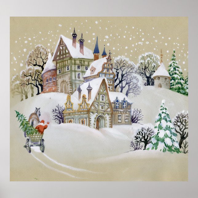 Winter Village: Snowy, Illustrated Landscape. Poster (Front)