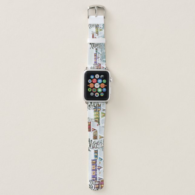 Winter village: snowy landscape scene apple watch band (Front)