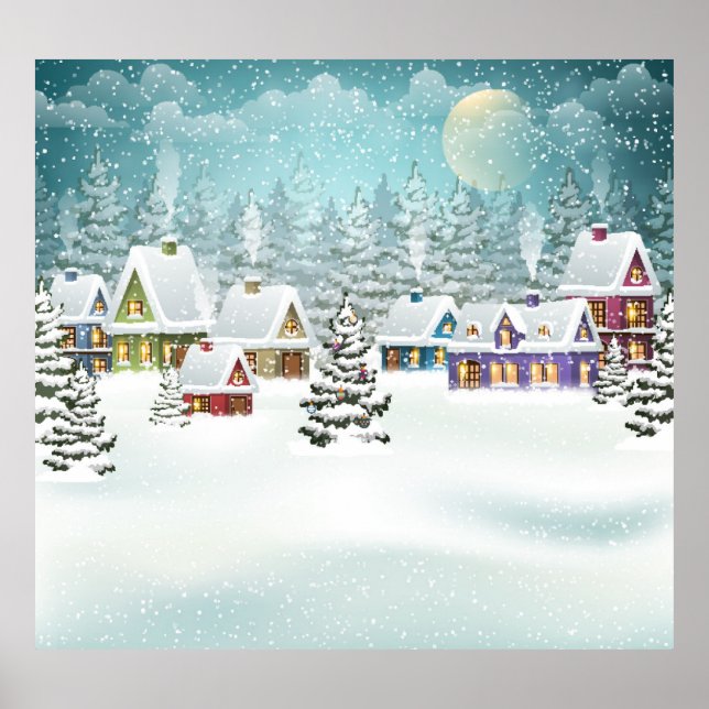 Winter village: snowy landscape scene poster (Front)