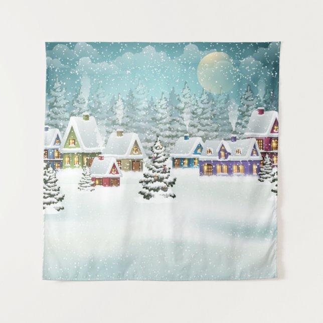 Winter village: snowy landscape scene tapestry (Front)
