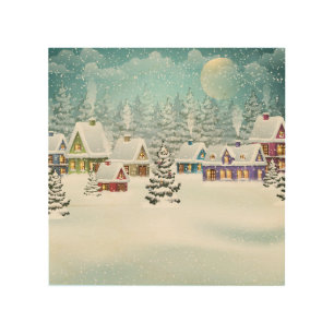 Winter village: snowy landscape scene wood wall art