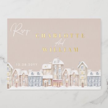 Winter Village Town Christmas Holiday Rsvp Foil Invitation Postcard by rusticwedding at Zazzle