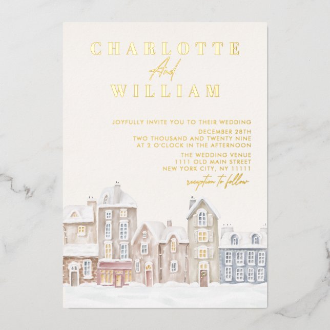 Winter Village Town Christmas Holiday Wedding Foil Invitation (Front)
