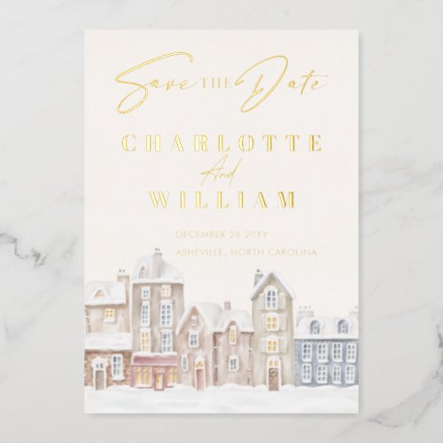 Winter Village Town Snow Holiday Save The Date Foil Invitation