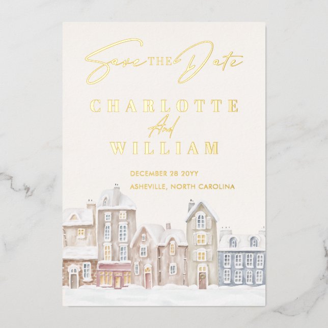 Winter Village Town Snow Holiday Save The Date Foil Invitation (Front)