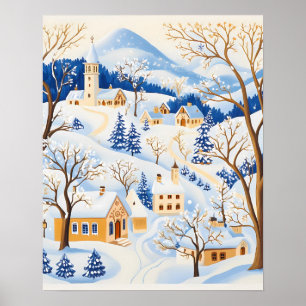 Winter Village with Frosted Trees and Snowy Hills Poster
