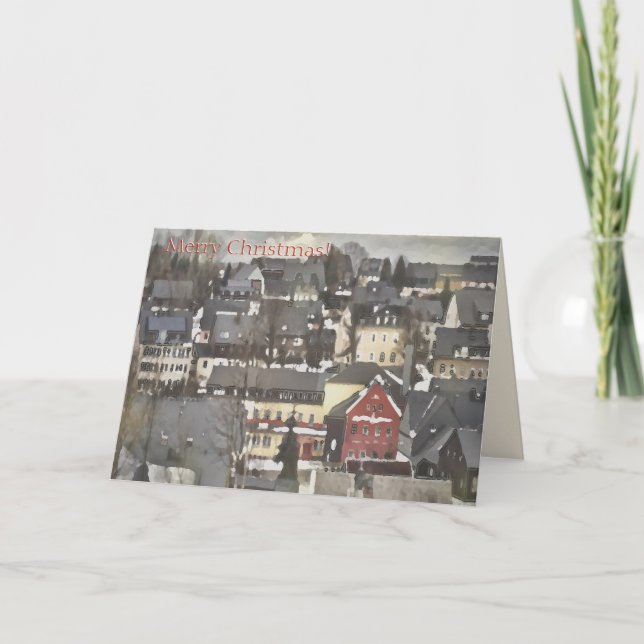 Winter Village with One Red House Merry Christmas Holiday Card (Front)