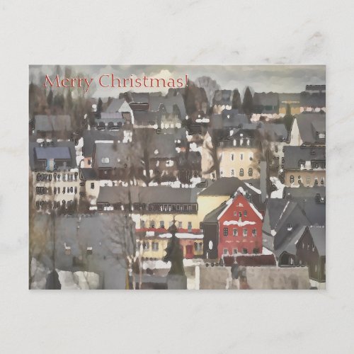 Winter Village with One Red House Merry Christmas Holiday Postcard