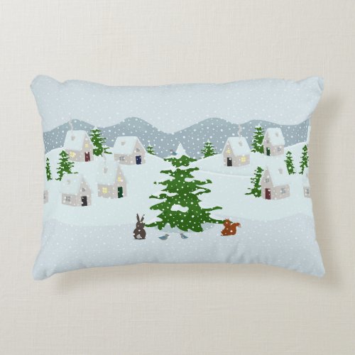 Winter village with snow bunny squirrel and pine accent pillow