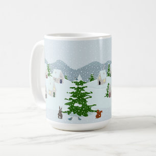 Winter village with snow, bunny, squirrel and pine coffee mug