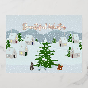 Winter village with snow, bunny, squirrel and pine foil holiday postcard