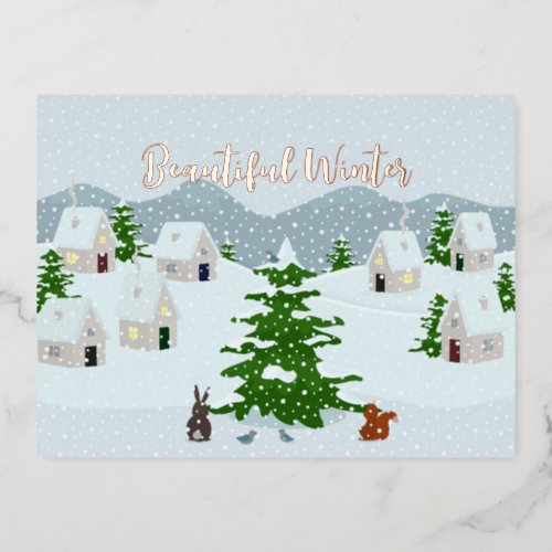 Winter village with snow bunny squirrel and pine foil holiday postcard