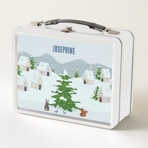 Winter village with snow bunny squirrel and pine metal lunch box