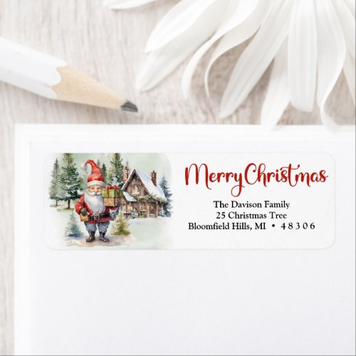 Winter village with watercolor Christmas gnome Label