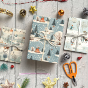 Winter vintage Blue set of 3 Wrapping Paper Sheets
