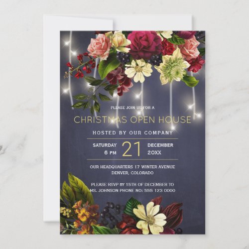 Winter vintage floral red navy Holiday Open House Invitation