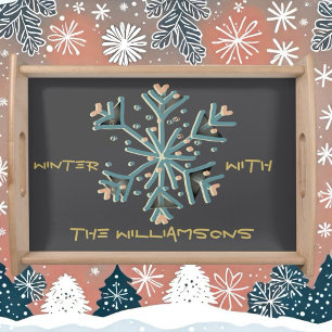 Winter vintage snowflake typography gray teal gold serving tray