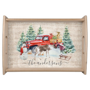 Winter Vintage Truck Reindeer Girl Handwritten Serving Tray