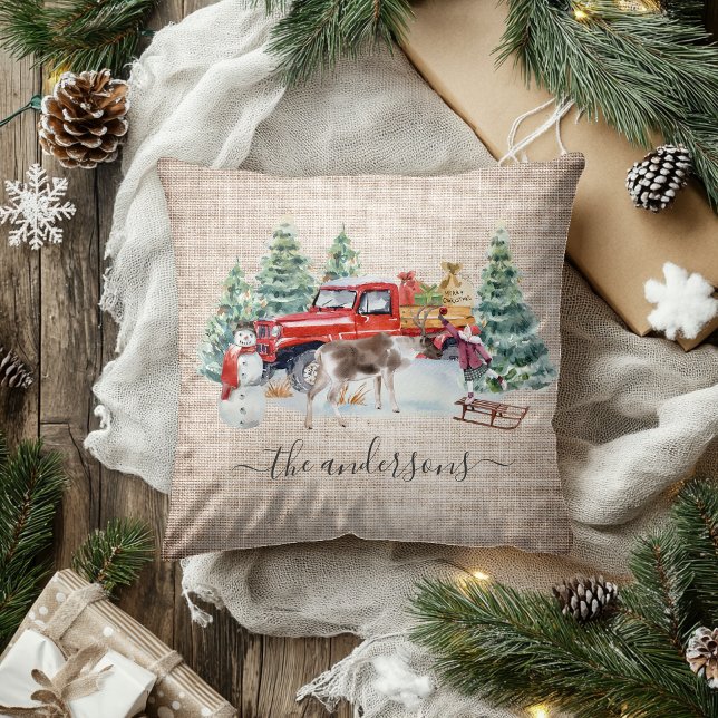 Winter Vintage Truck Reindeer Girl Handwritten Throw Pillow (Creator Uploaded)