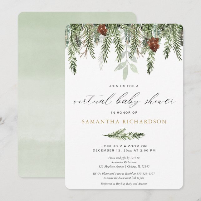 Winter Virtual Baby Shower gender neutral pine Invitation (Front/Back)