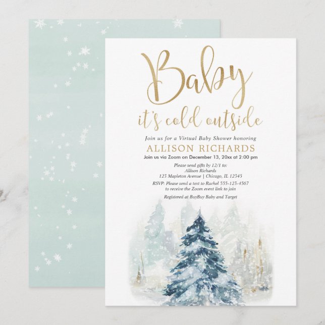 Winter virtual shower baby it's cold outside gold invitation (Front/Back)