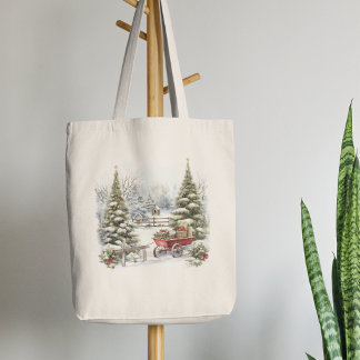 Winter Wagon Cottage Market Scene Tote Bag
