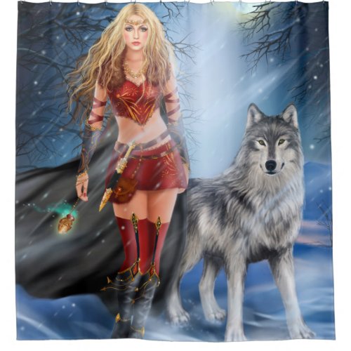 Winter Warrior Princess and wolf  Shower Curtain
