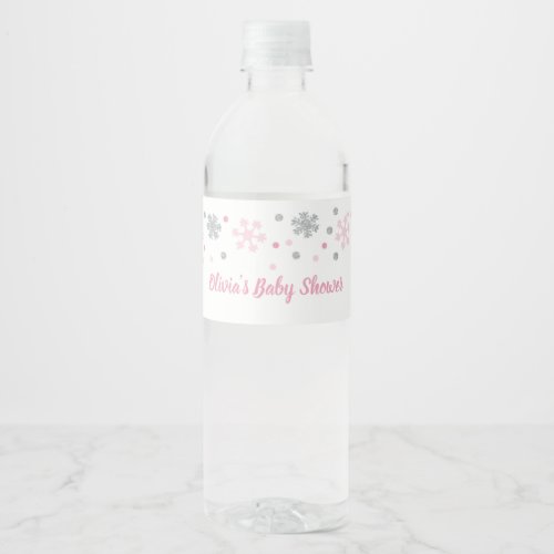 Winter Water Bottle Labels Pink Silver Snowflakes