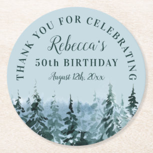 Winter Watercolor 50th Birthday Thank You Favor Round Paper Coaster