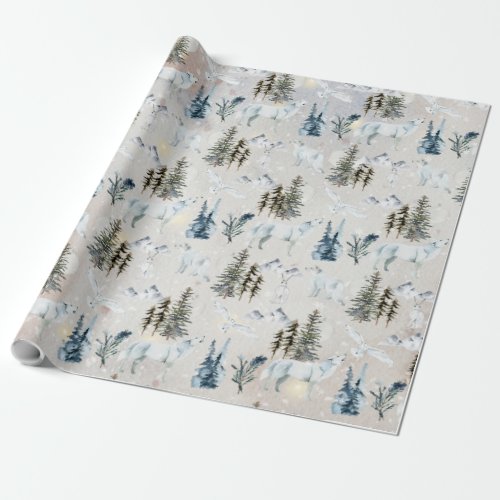 Winter Watercolor Arctic Hare Wolf Fox Snowy Owl 2 Wrapping Paper