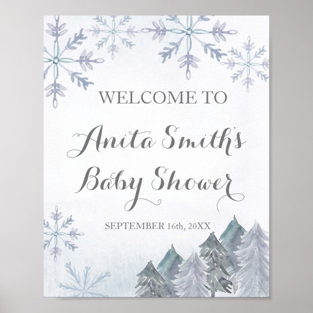Winter watercolor baby shower welcome sign (Front)
