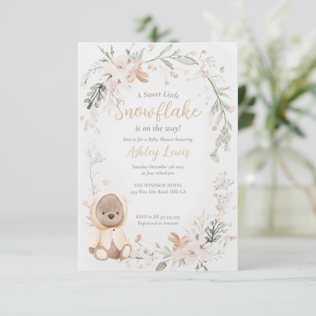Winter watercolor bear baby shower invitation (Standing Front)