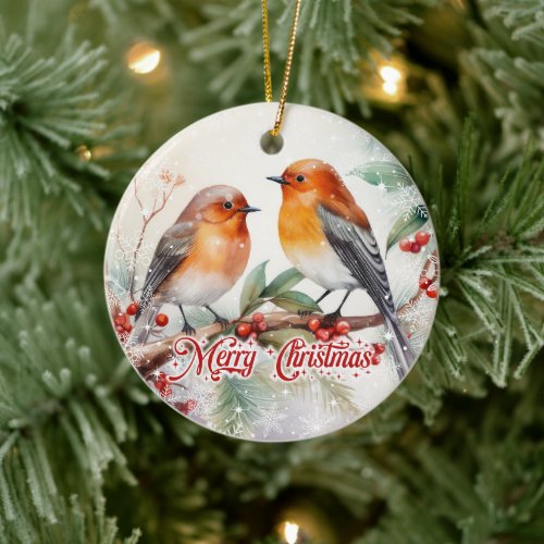 Winter watercolor birds robin and red holly berry ceramic ornament