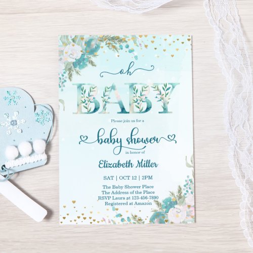 Winter Watercolor Blue Floral Baby Shower