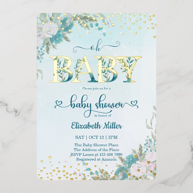Winter Watercolor Blue Floral Baby Shower Foil Invitation (Front)