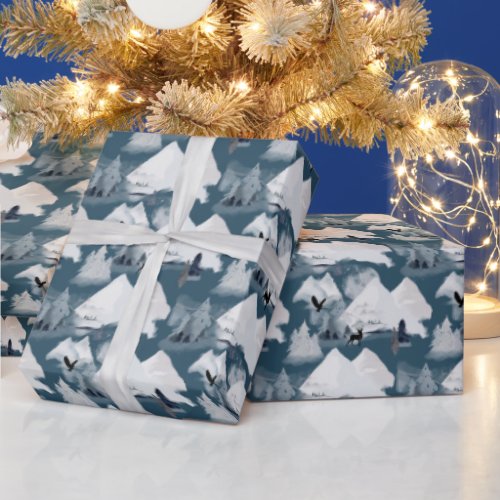 Winter Watercolor Blue Mountains Deer Christmas Wrapping Paper
