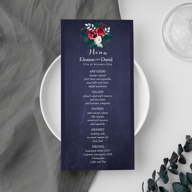 Winter watercolor botanical navy wedding menu (Creator Uploaded)