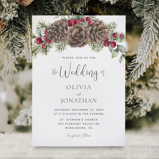 Winter Watercolor Botanical Rustic Script Wedding Invitation (Creator Uploaded)